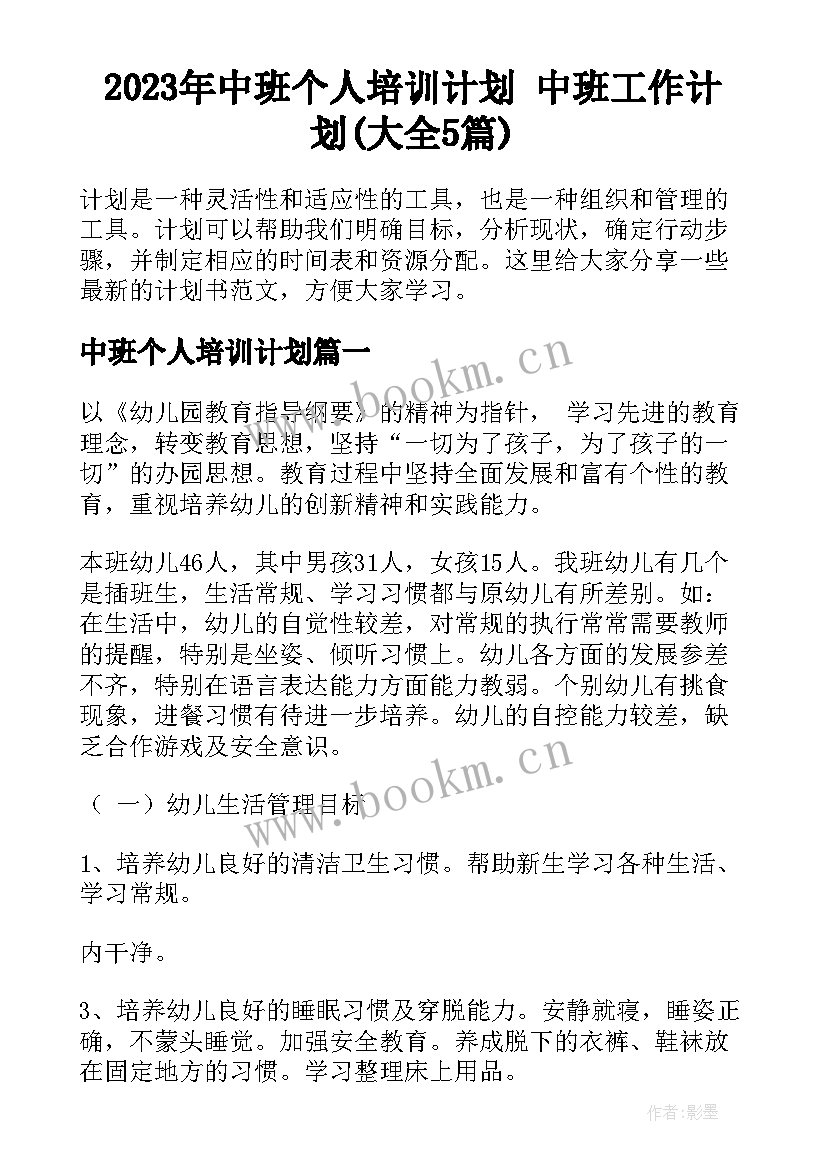 2023年中班个人培训计划 中班工作计划(大全5篇)