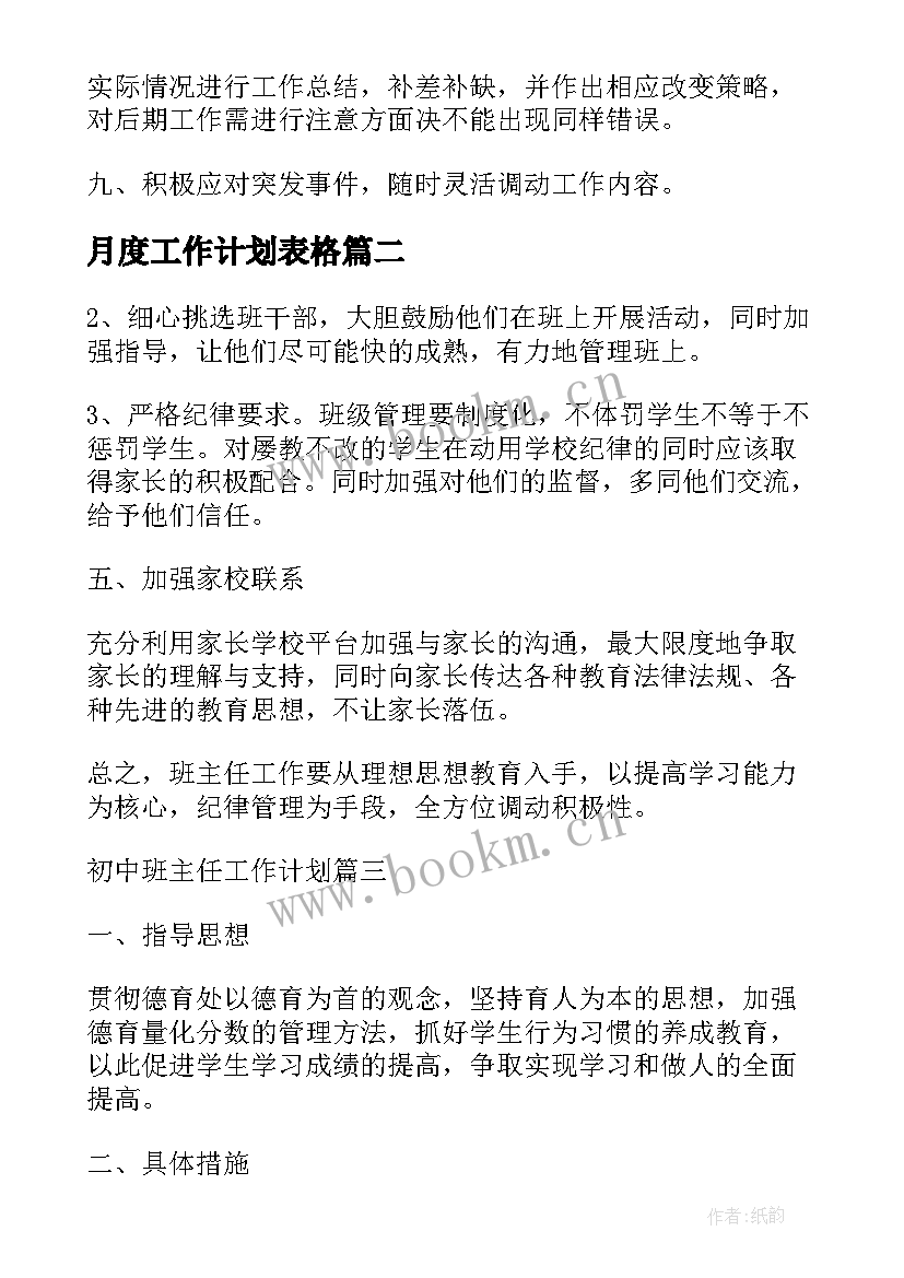 2023年月度工作计划表格(模板9篇)