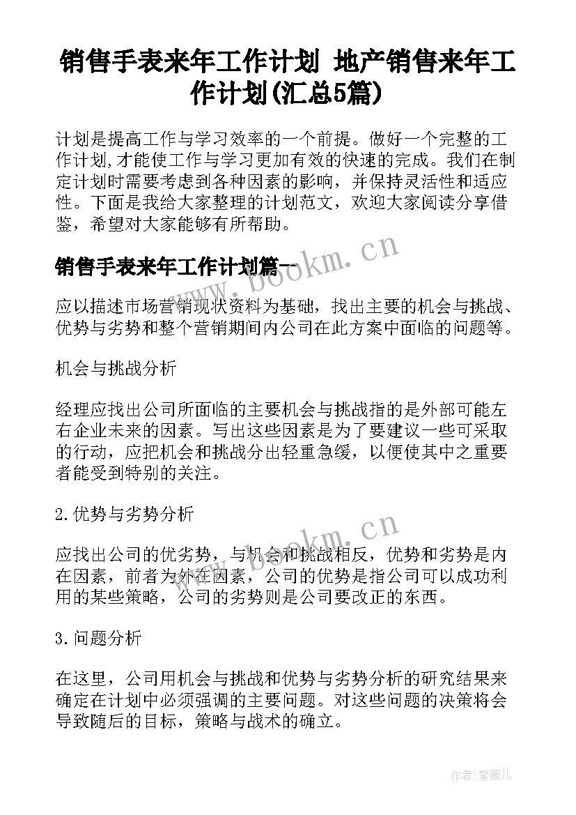 销售手表来年工作计划 地产销售来年工作计划(汇总5篇)