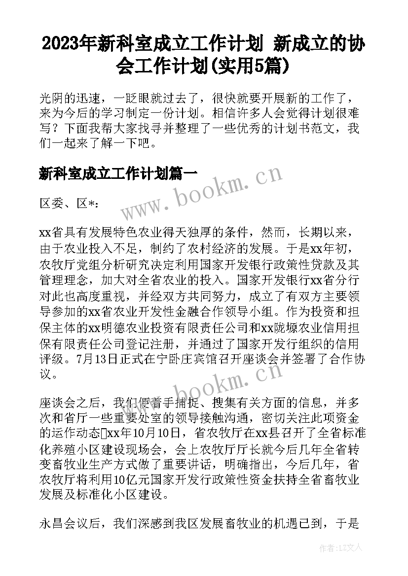 2023年新科室成立工作计划 新成立的协会工作计划(实用5篇)