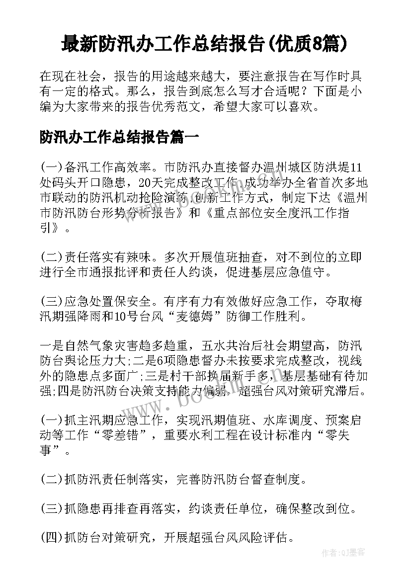 最新防汛办工作总结报告(优质8篇)