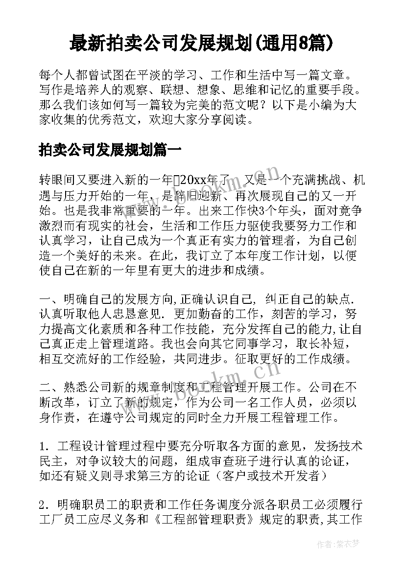 最新拍卖公司发展规划(通用8篇)