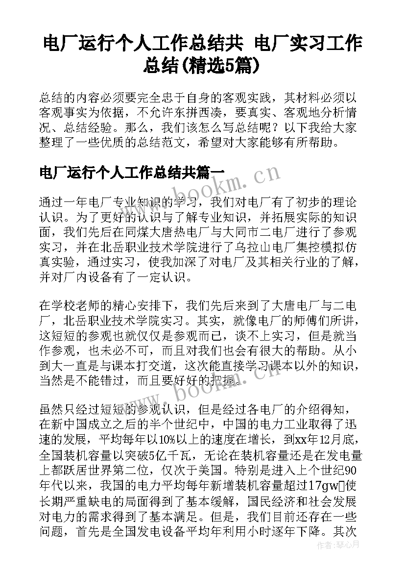 电厂运行个人工作总结共 电厂实习工作总结(精选5篇)