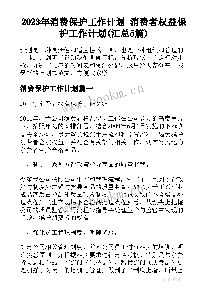 2023年消费保护工作计划 消费者权益保护工作计划(汇总5篇)