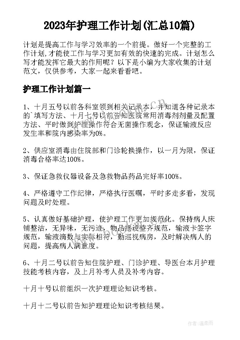 2023年护理工作计划(汇总10篇)