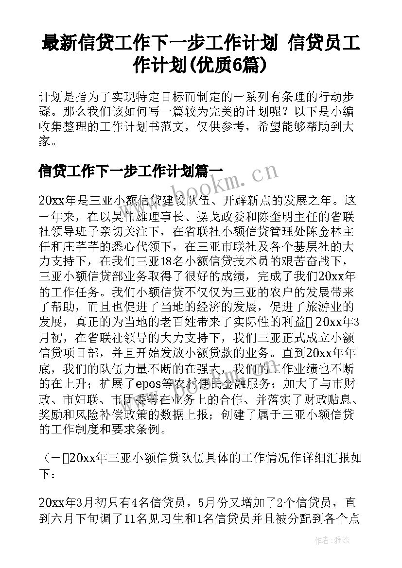 最新信贷工作下一步工作计划 信贷员工作计划(优质6篇)