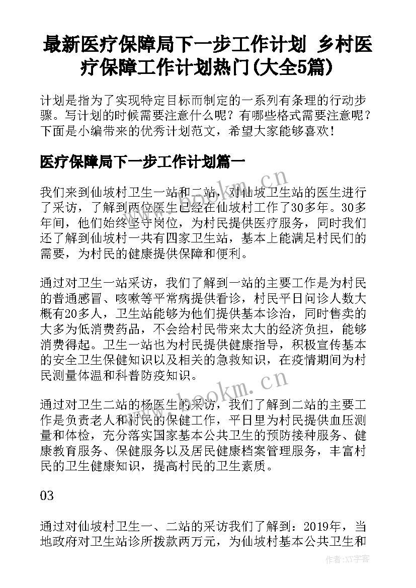 最新医疗保障局下一步工作计划 乡村医疗保障工作计划热门(大全5篇)