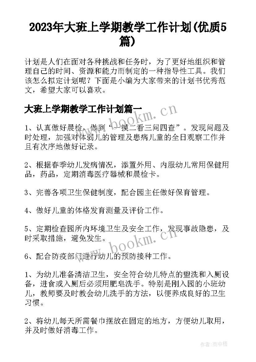 2023年大班上学期教学工作计划(优质5篇)