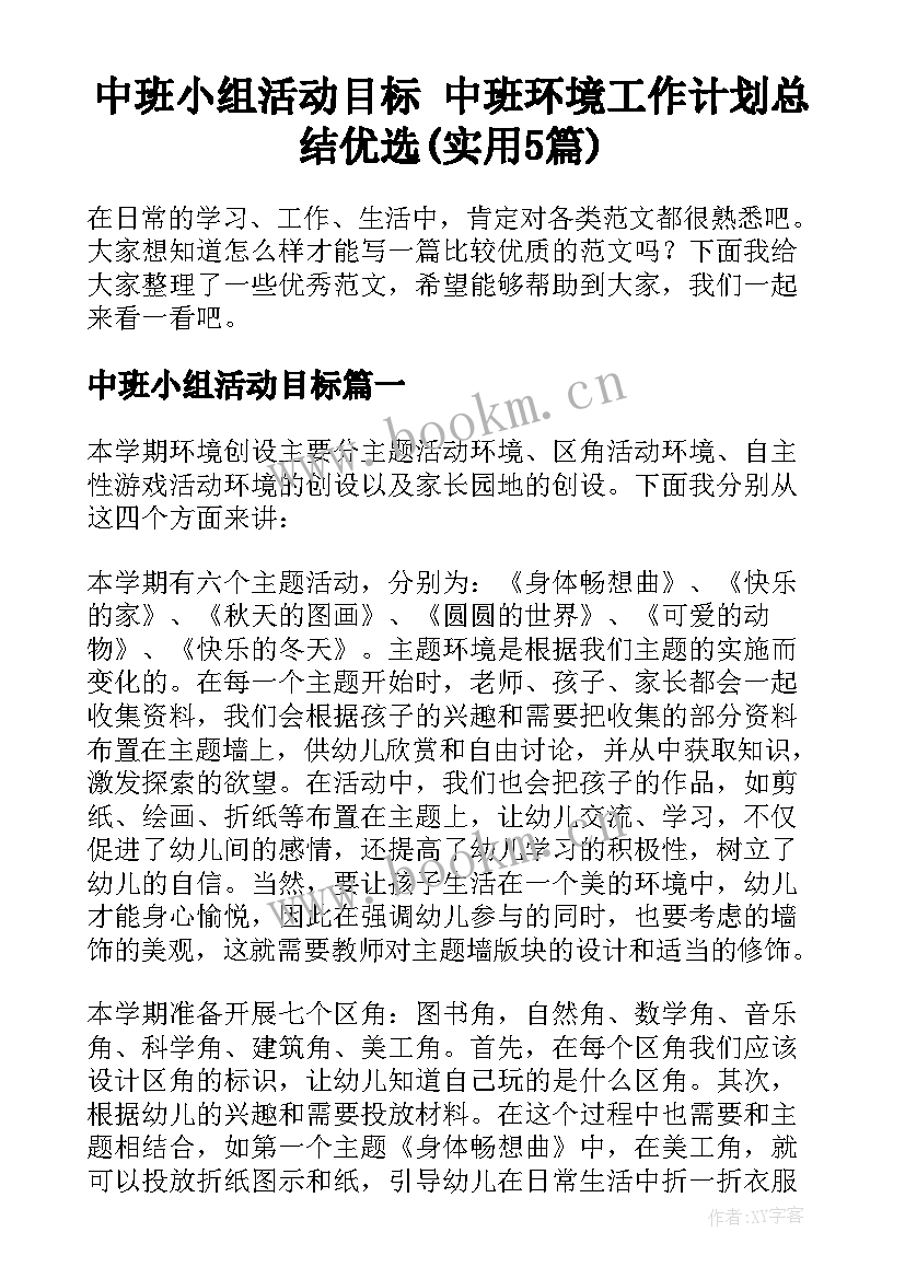 中班小组活动目标 中班环境工作计划总结优选(实用5篇)