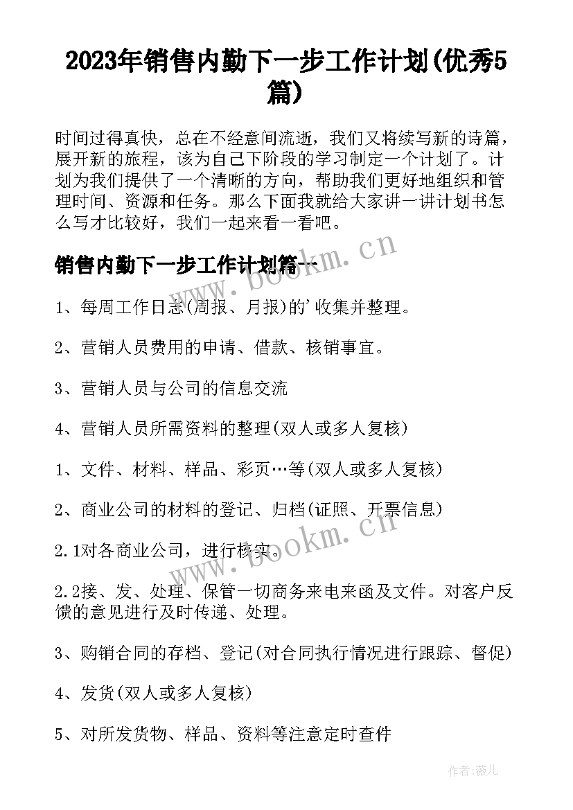 2023年销售内勤下一步工作计划(优秀5篇)