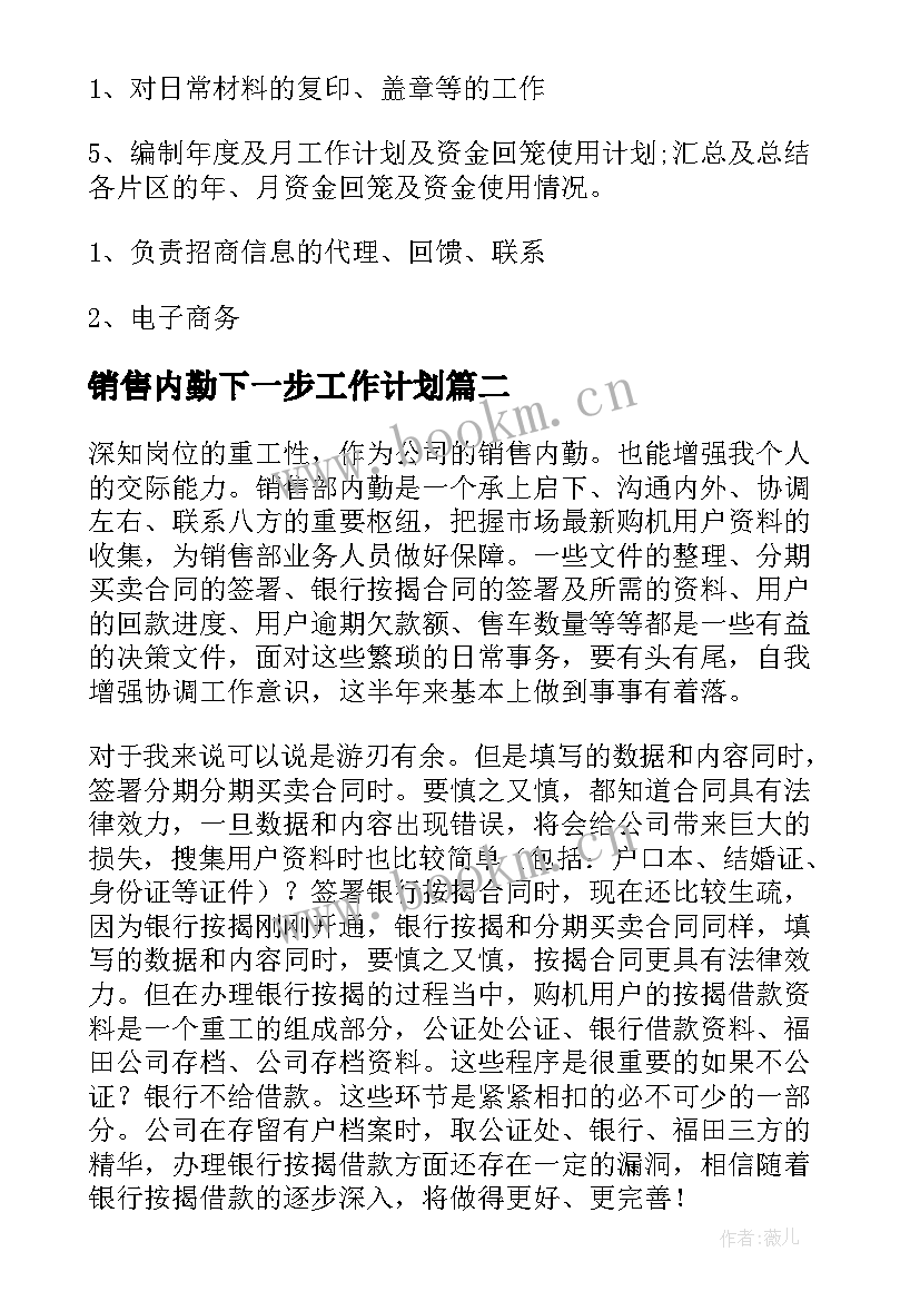 2023年销售内勤下一步工作计划(优秀5篇)