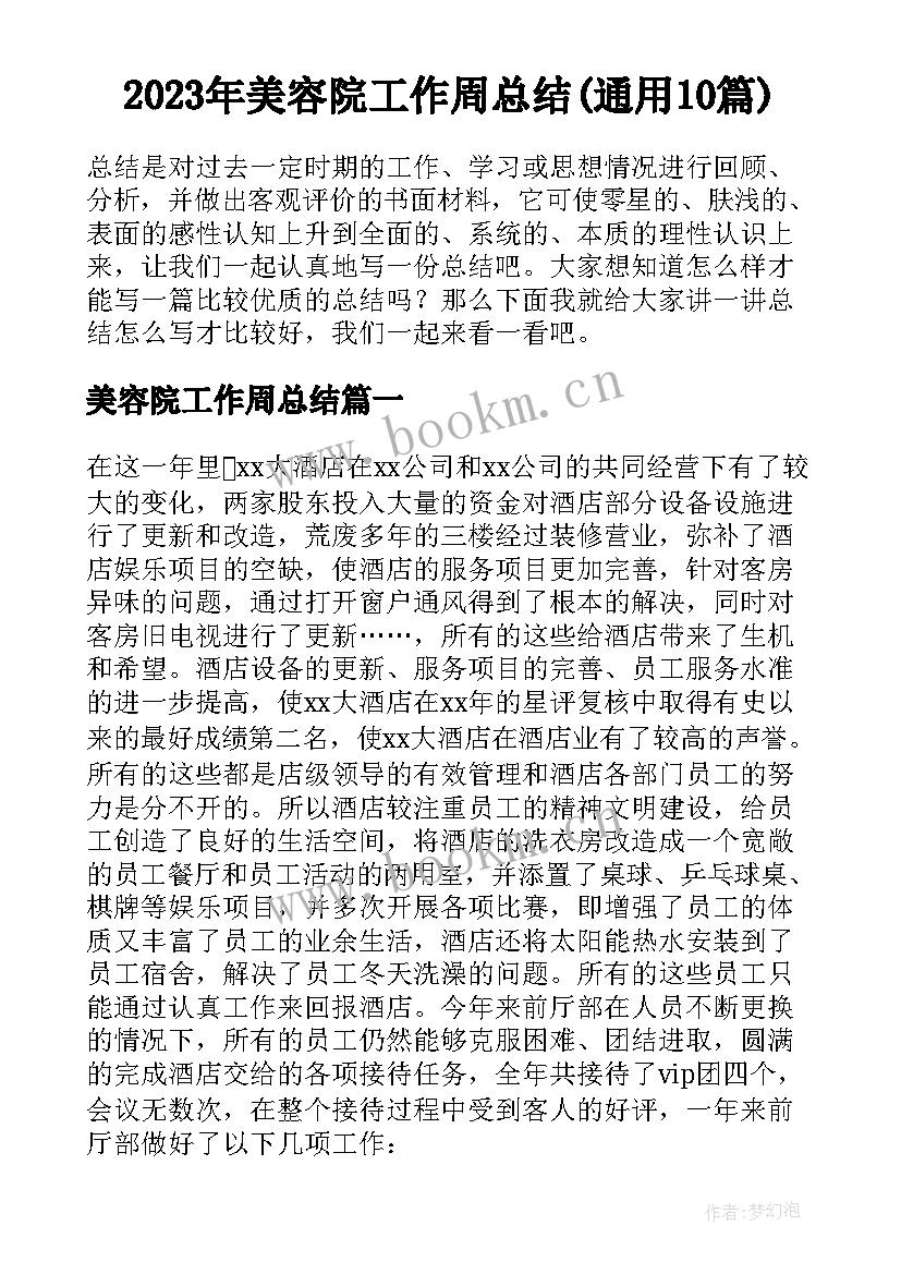 2023年美容院工作周总结(通用10篇)