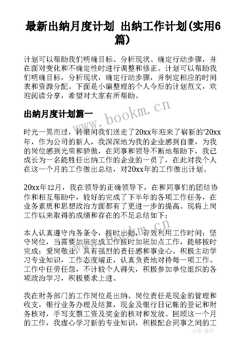 最新出纳月度计划 出纳工作计划(实用6篇)