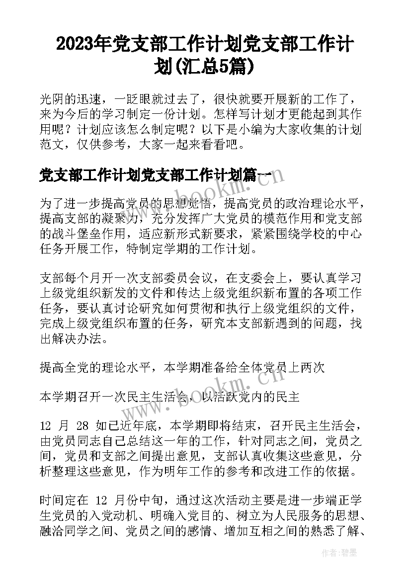 2023年党支部工作计划党支部工作计划(汇总5篇)