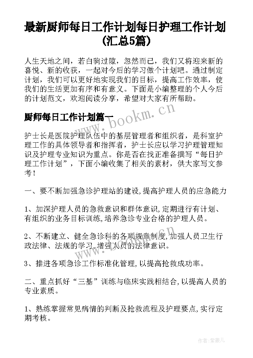 最新厨师每日工作计划 每日护理工作计划(汇总5篇)