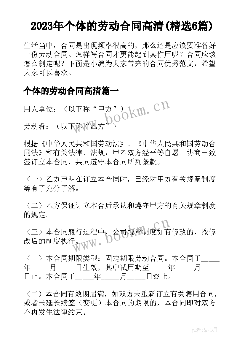 2023年个体的劳动合同高清(精选6篇)