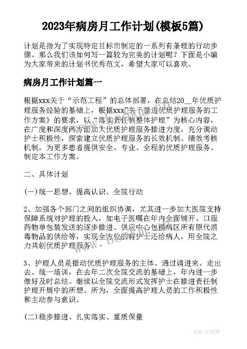 2023年病房月工作计划(模板5篇)