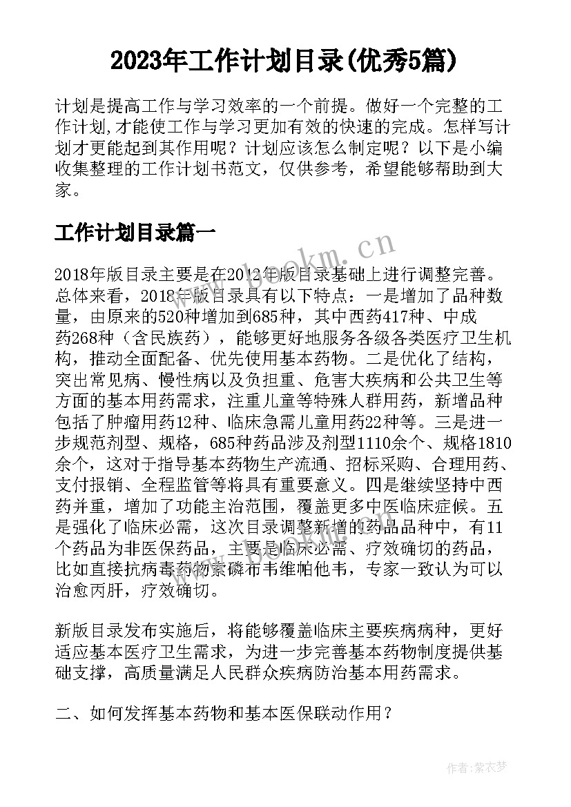 2023年工作计划目录(优秀5篇)