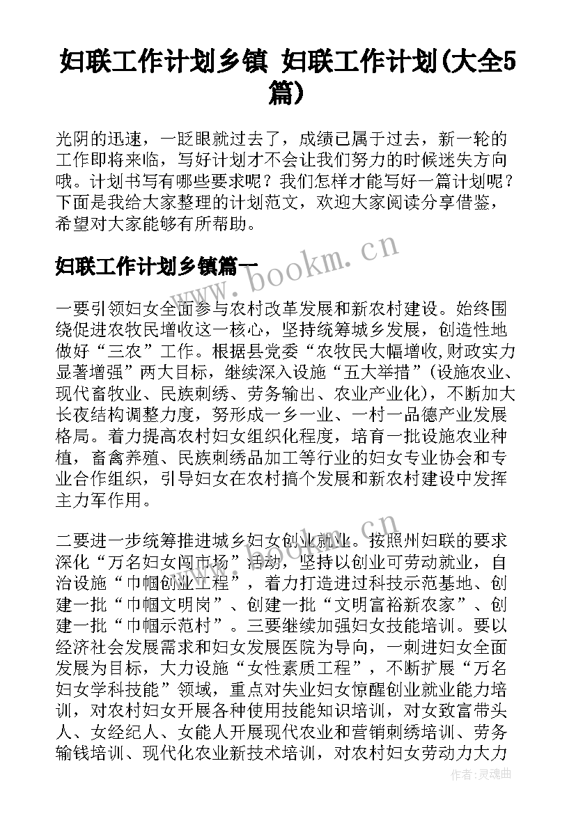 妇联工作计划乡镇 妇联工作计划(大全5篇)