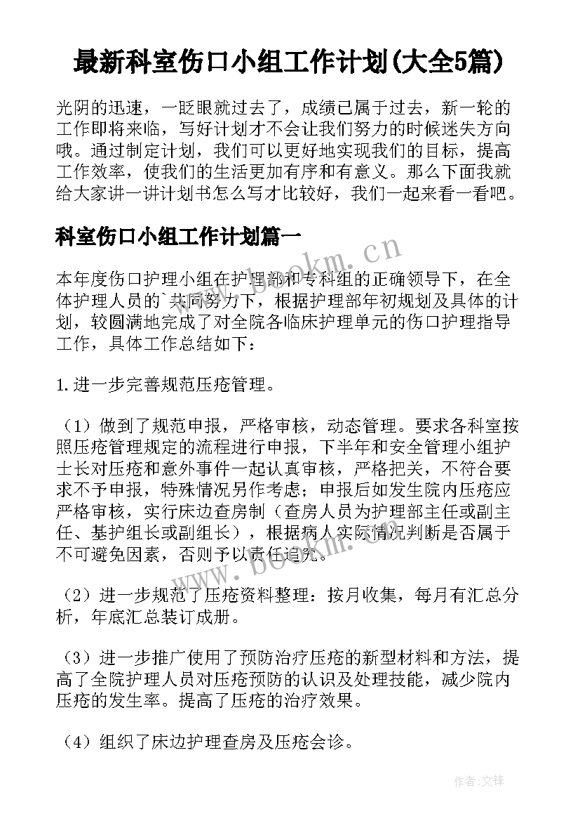 最新科室伤口小组工作计划(大全5篇)