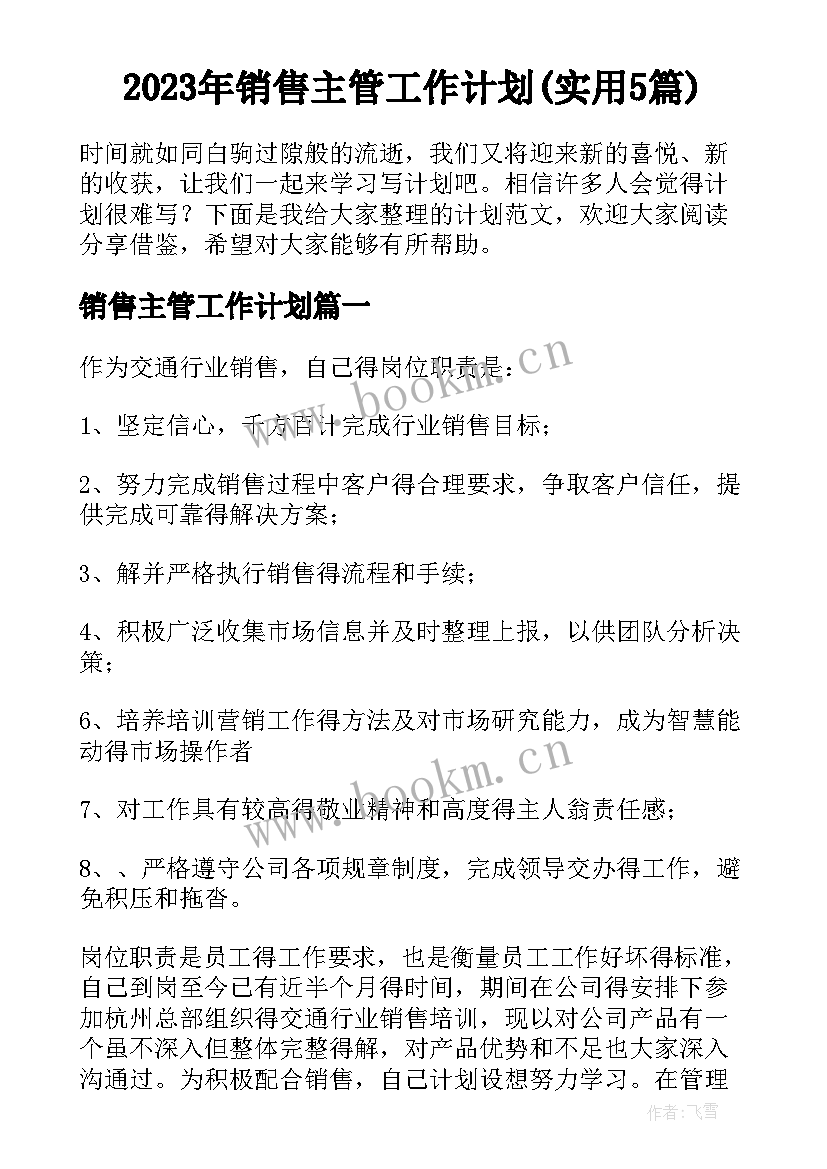 2023年销售主管工作计划(实用5篇)