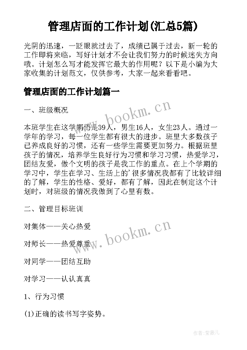 管理店面的工作计划(汇总5篇)