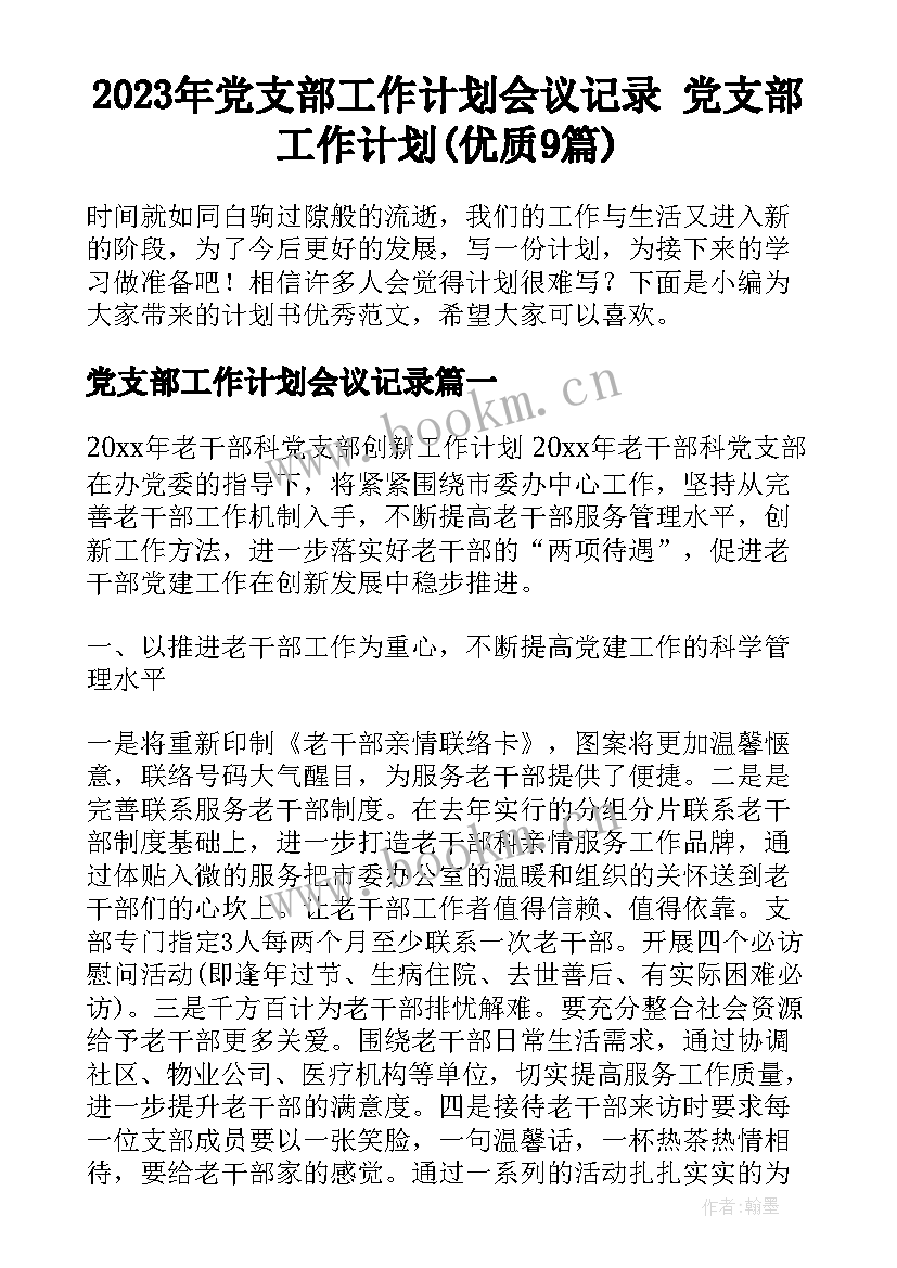 2023年党支部工作计划会议记录 党支部工作计划(优质9篇)