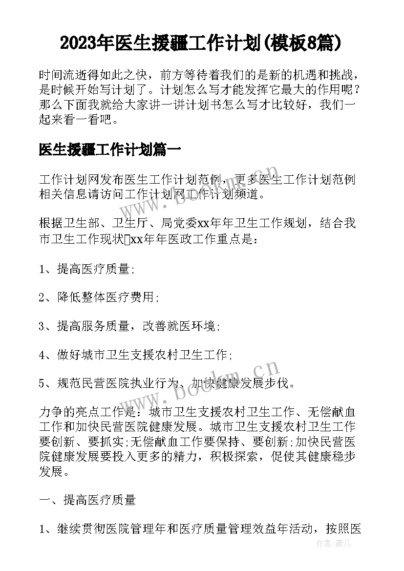 2023年医生援疆工作计划(模板8篇)