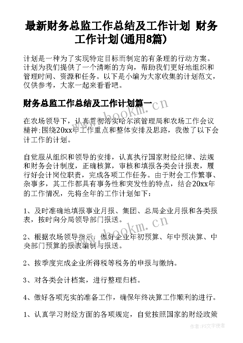 最新财务总监工作总结及工作计划 财务工作计划(通用8篇)