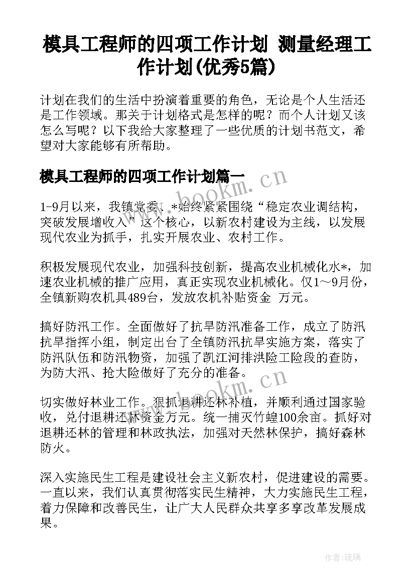 模具工程师的四项工作计划 测量经理工作计划(优秀5篇)