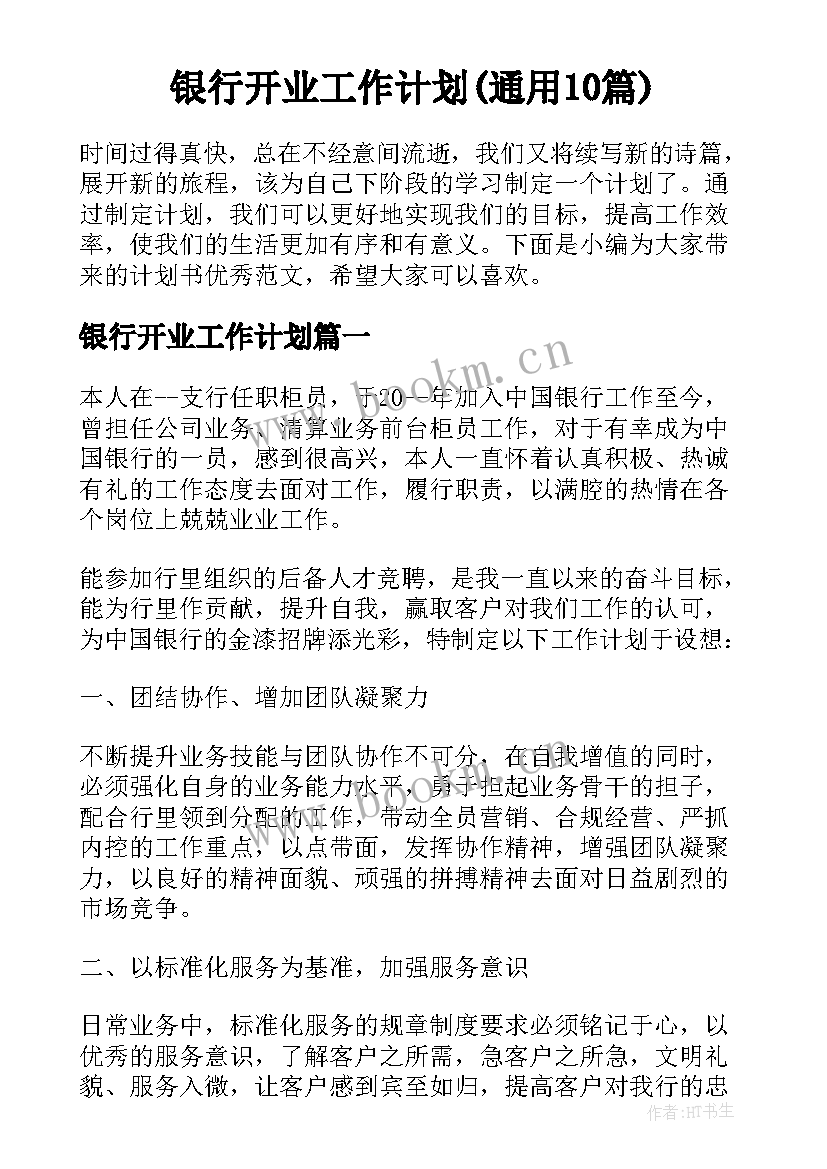 银行开业工作计划(通用10篇)