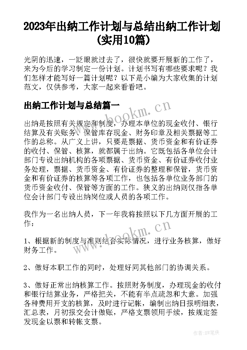 2023年出纳工作计划与总结 出纳工作计划(实用10篇)