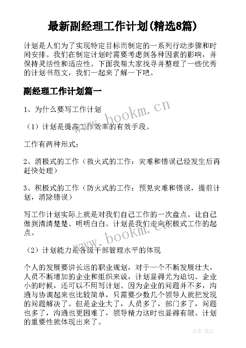 最新副经理工作计划(精选8篇)