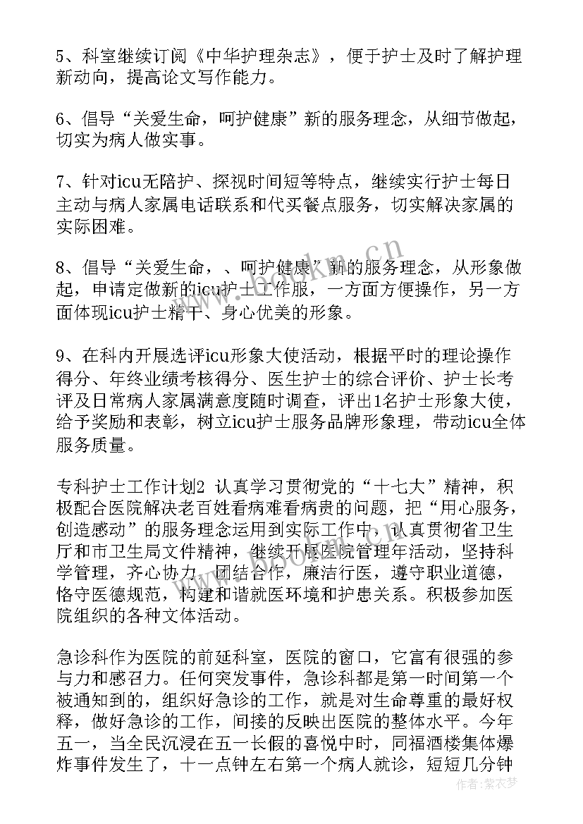 营养专科护士工作计划 专科护士工作计划(精选5篇)