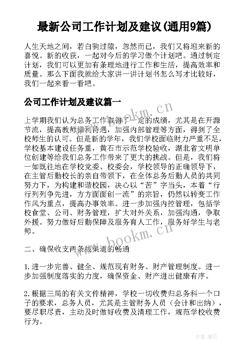 最新公司工作计划及建议(通用9篇)