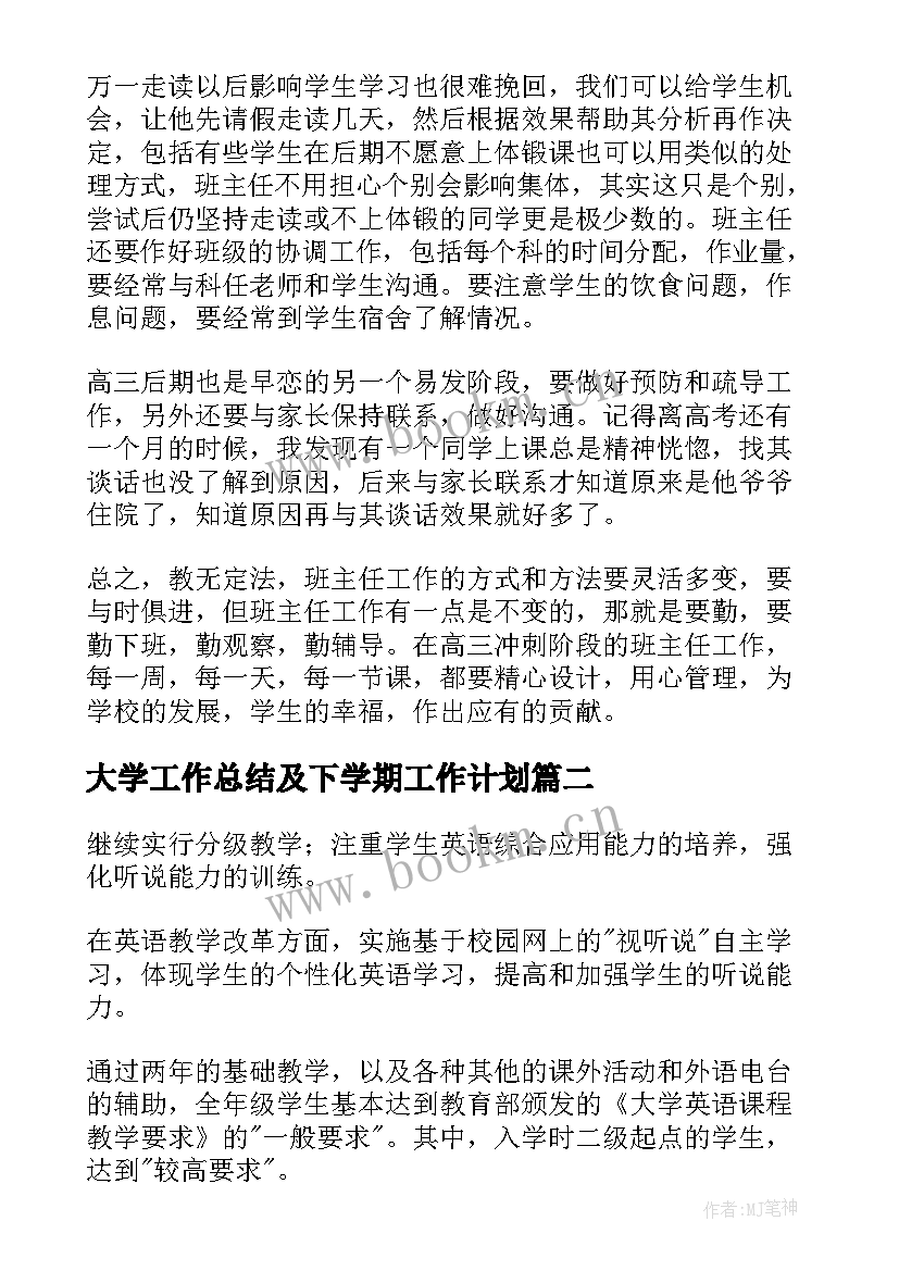 2023年大学工作总结及下学期工作计划(模板7篇)