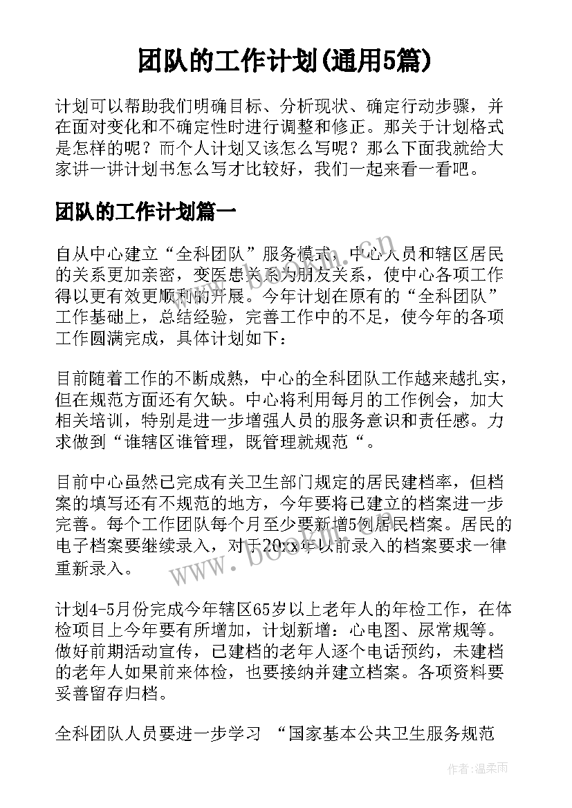 团队的工作计划(通用5篇)