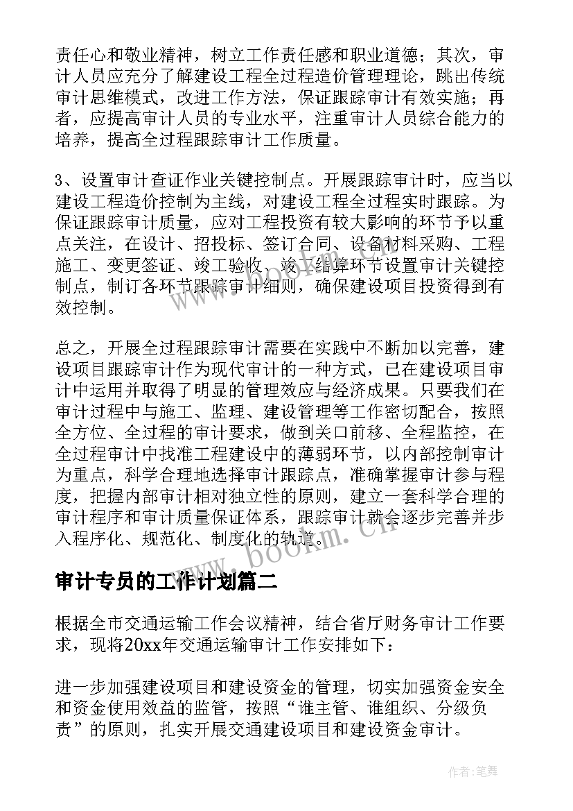 审计专员的工作计划 审计工作计划(模板10篇)