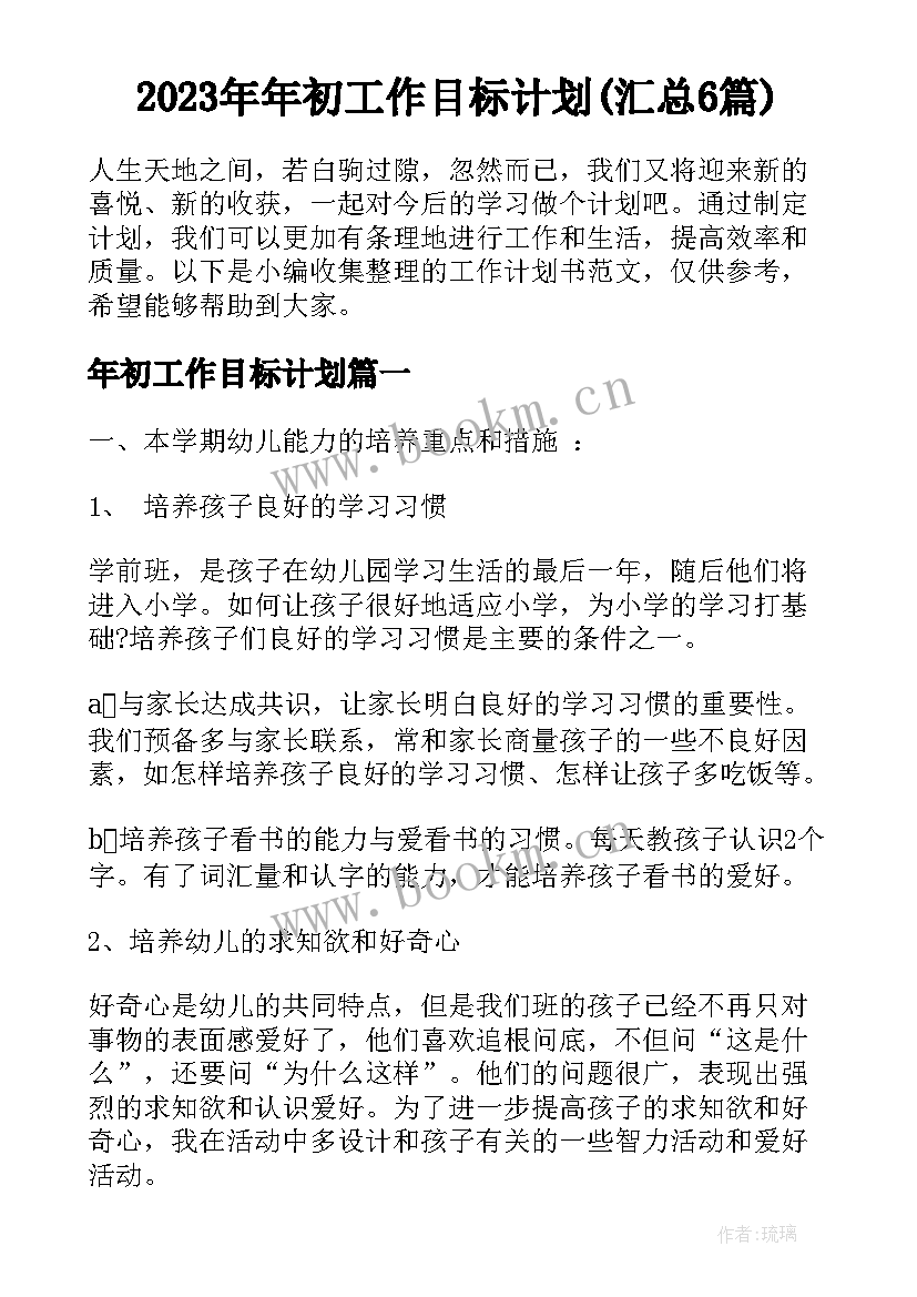 2023年年初工作目标计划(汇总6篇)