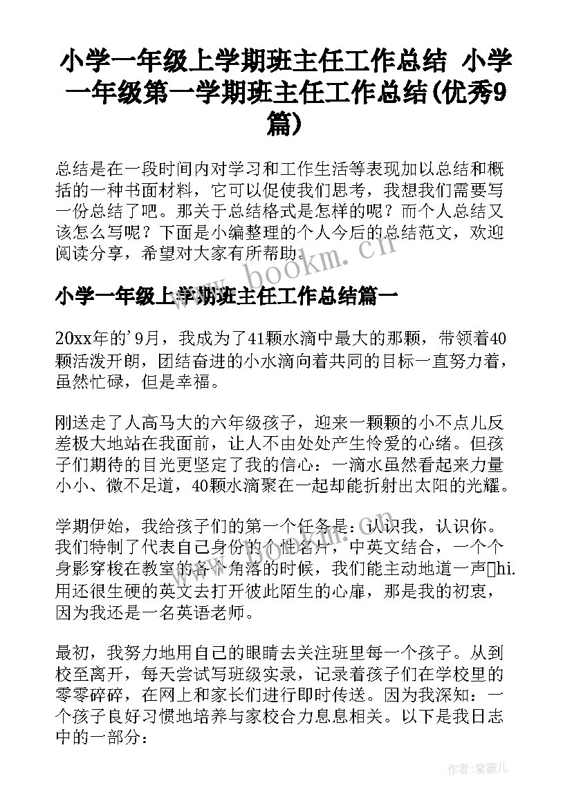 小学一年级上学期班主任工作总结 小学一年级第一学期班主任工作总结(优秀9篇)