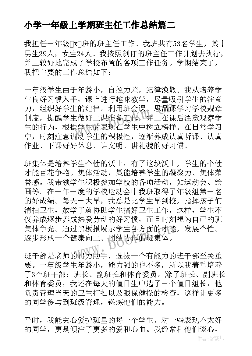 小学一年级上学期班主任工作总结 小学一年级第一学期班主任工作总结(优秀9篇)