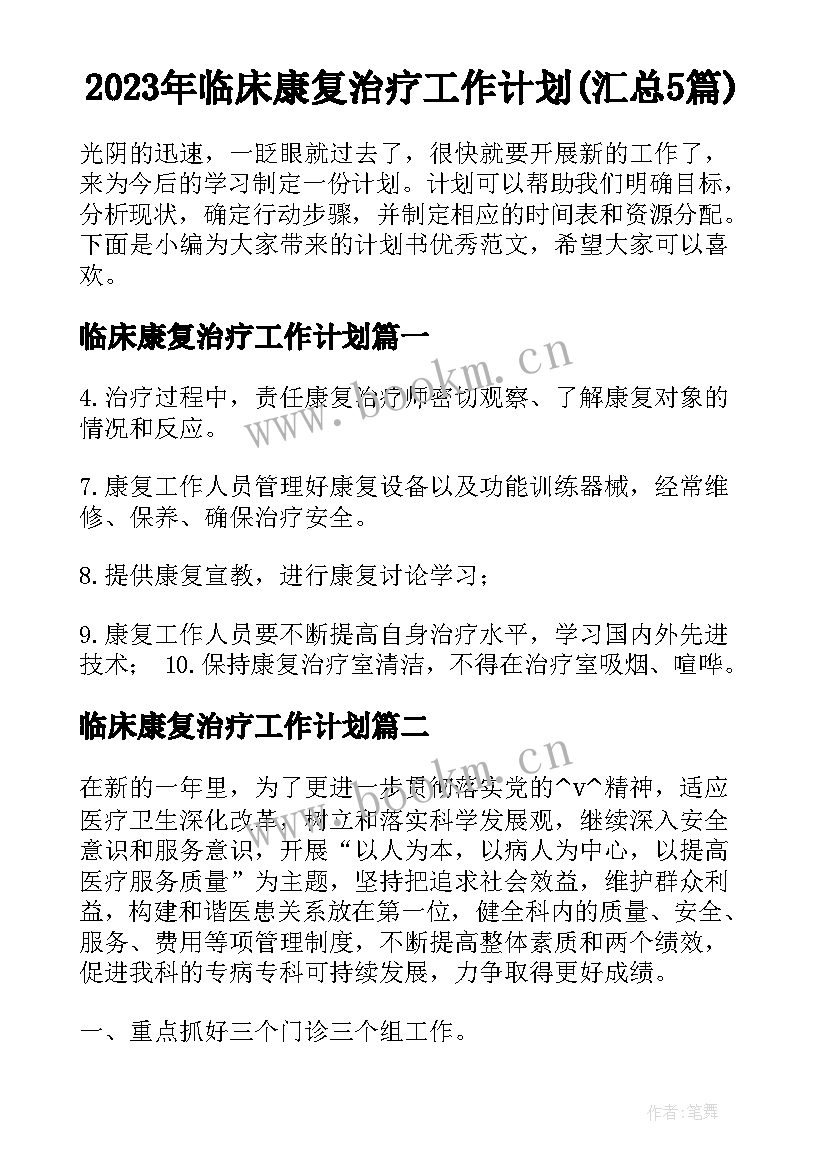 2023年临床康复治疗工作计划(汇总5篇)