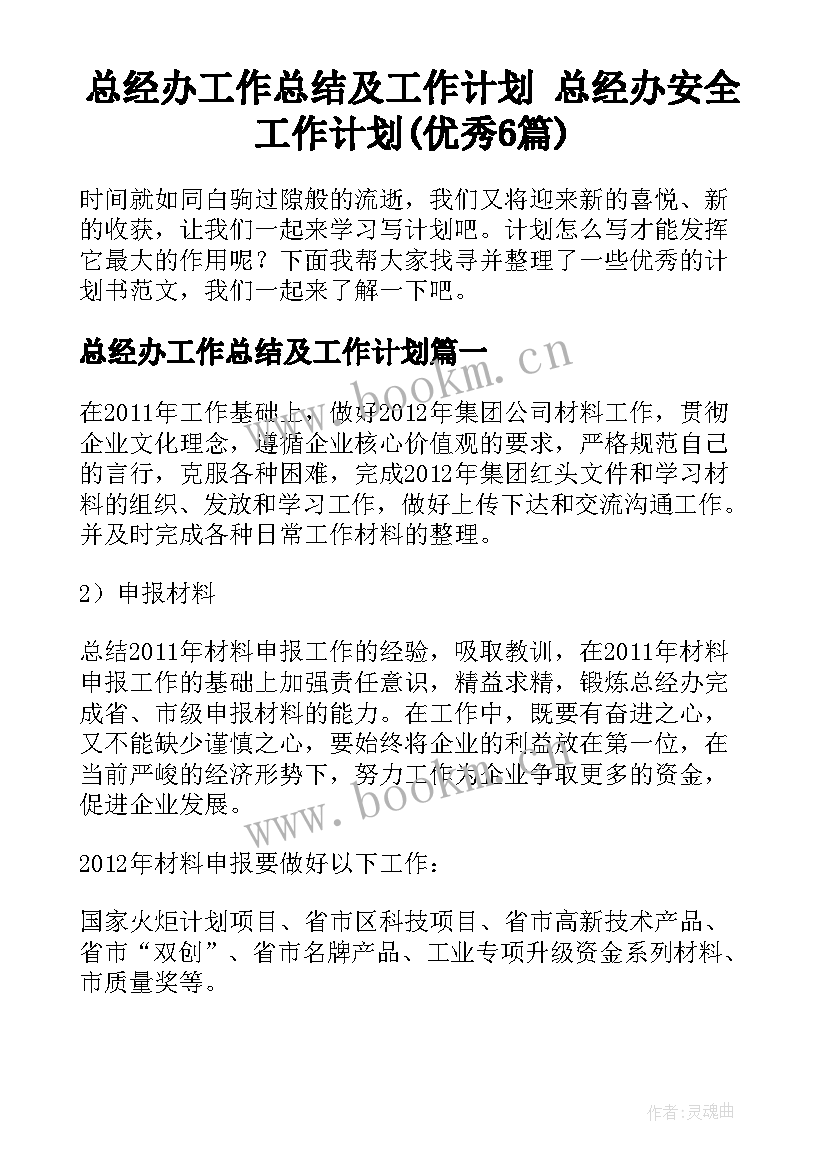 总经办工作总结及工作计划 总经办安全工作计划(优秀6篇)