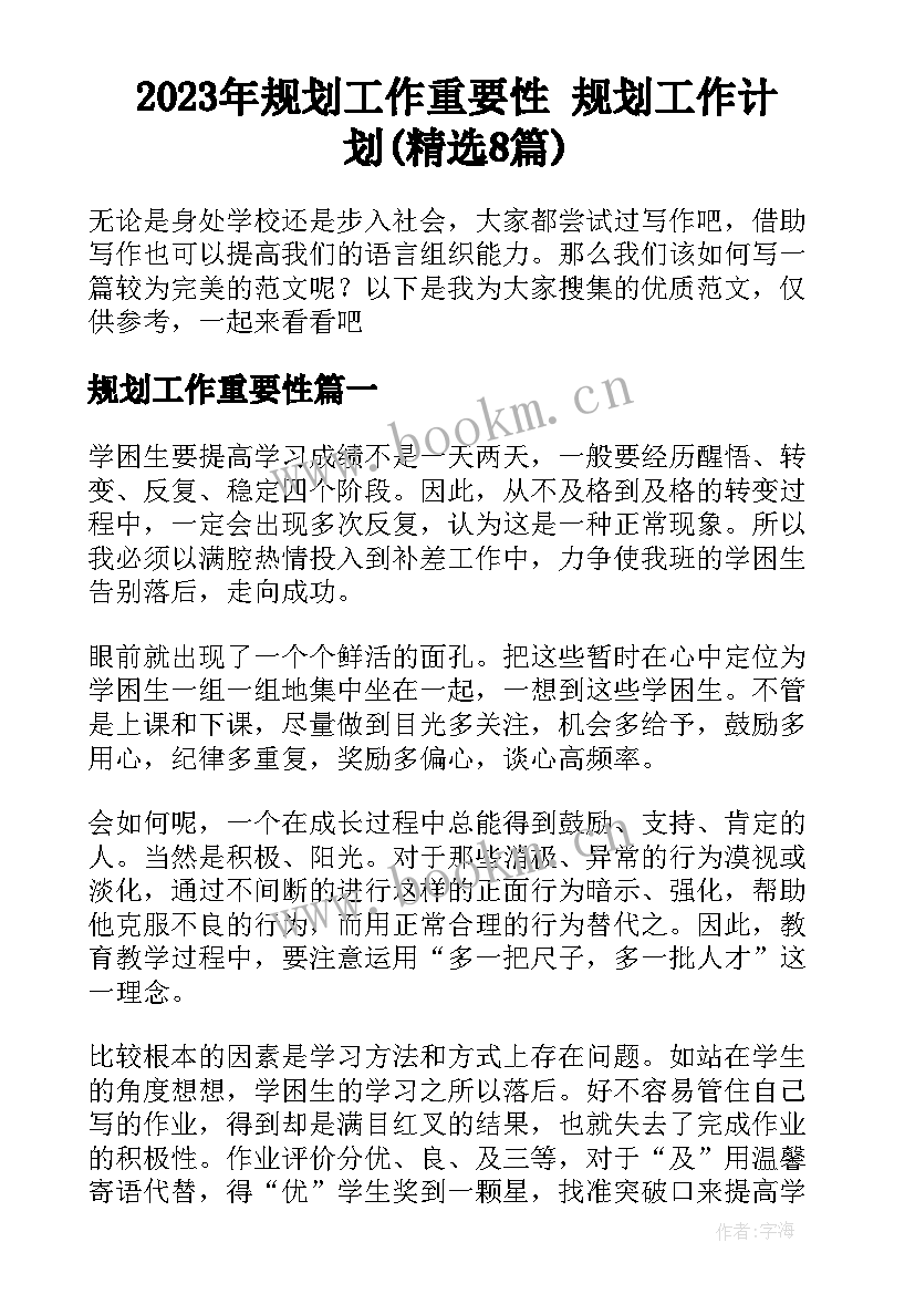 2023年规划工作重要性 规划工作计划(精选8篇)