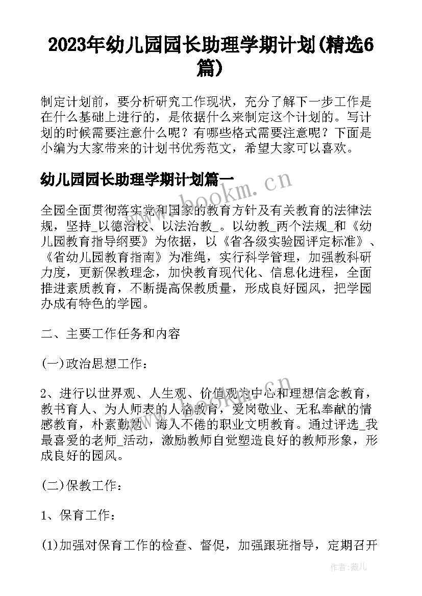 2023年幼儿园园长助理学期计划(精选6篇)