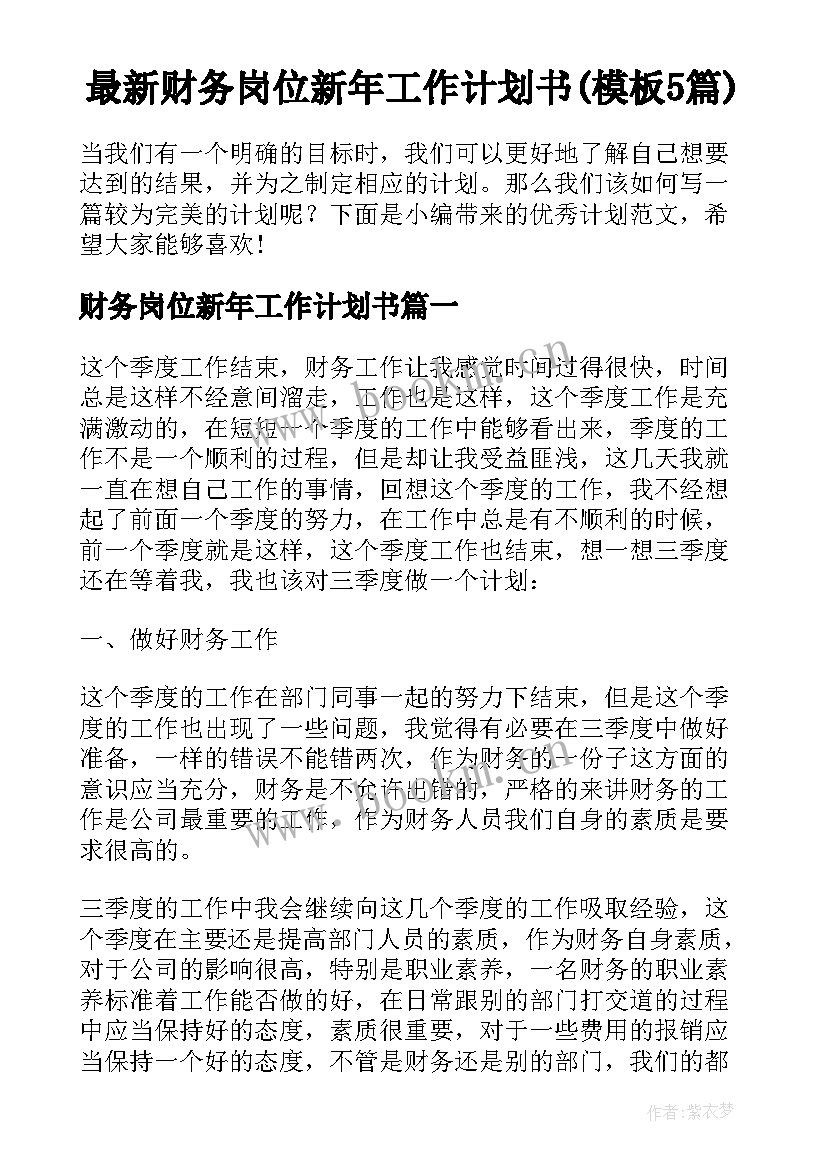 最新财务岗位新年工作计划书(模板5篇)