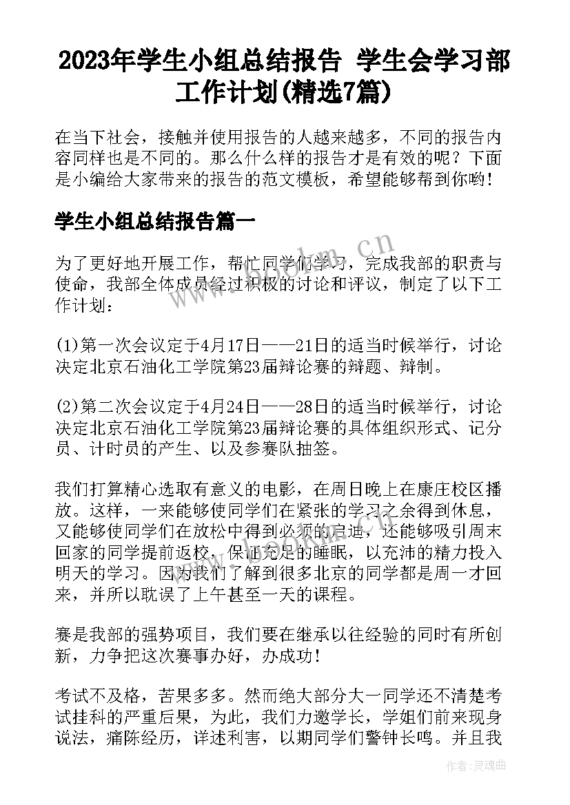 2023年学生小组总结报告 学生会学习部工作计划(精选7篇)