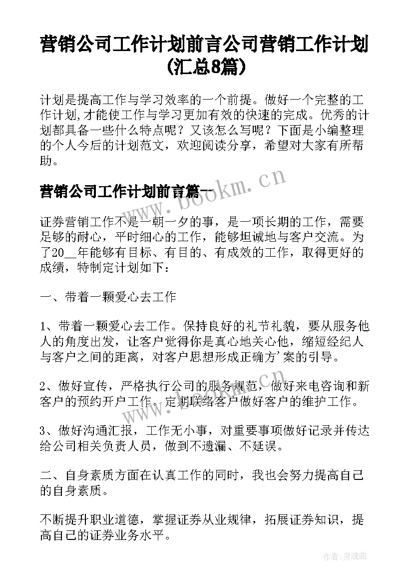 营销公司工作计划前言 公司营销工作计划(汇总8篇)