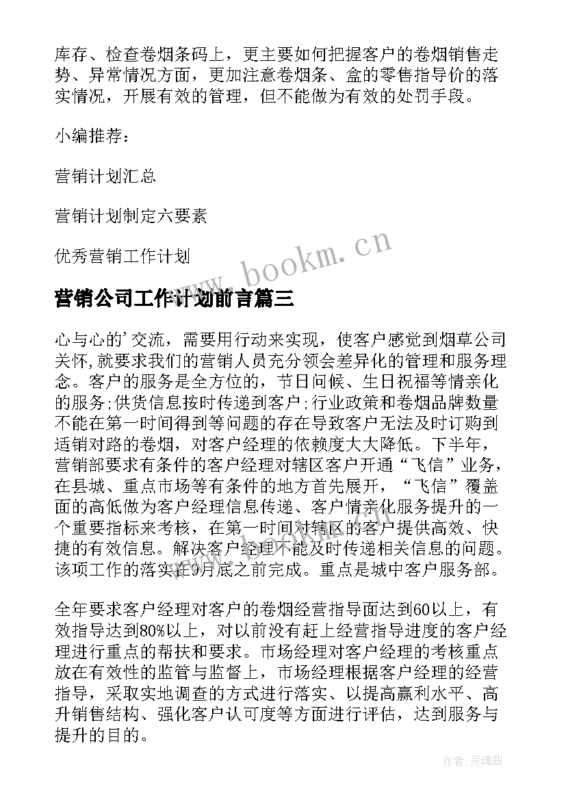 营销公司工作计划前言 公司营销工作计划(汇总8篇)