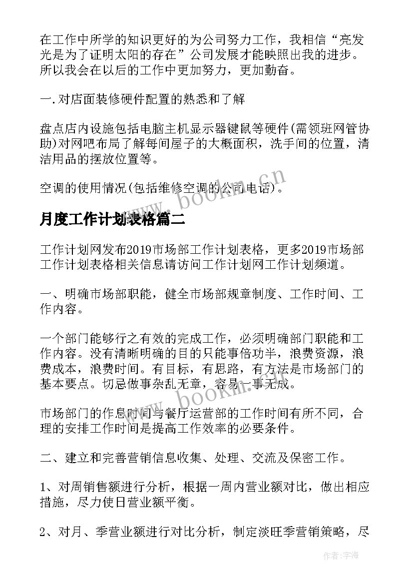 2023年月度工作计划表格 店长周工作计划表格(优质7篇)